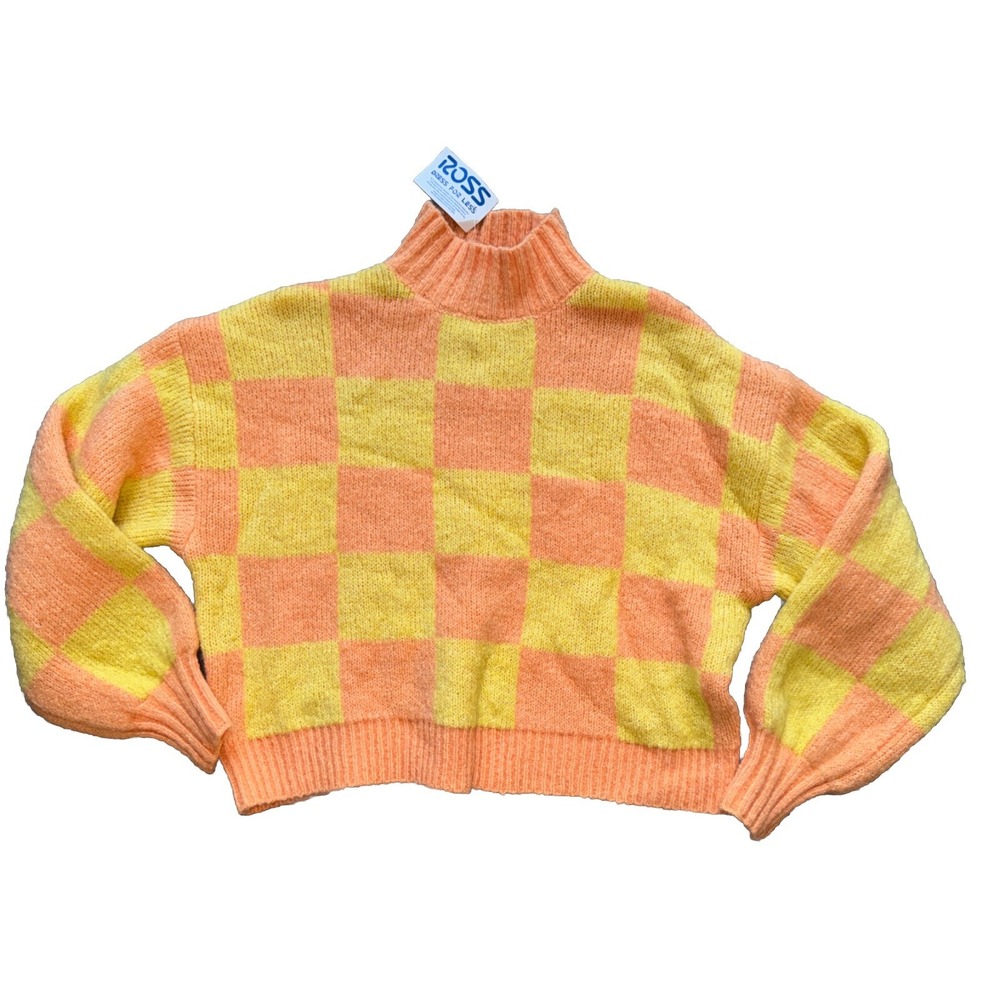 MM My Michelle Women's Large Orange Yellow Checkered High Neck Sweater NWT